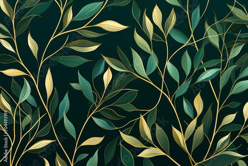 Botanical abstract green wallpaper with golden branches and leaves pattern in line art on watercolor background for banner design, textile, print.