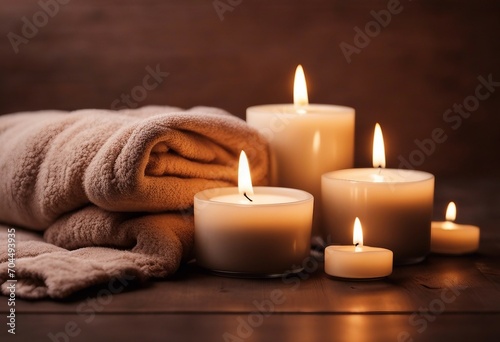 Spa brown background with towels candles and copy space