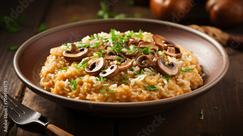 Risotto with brown champion mushrooms on wooden