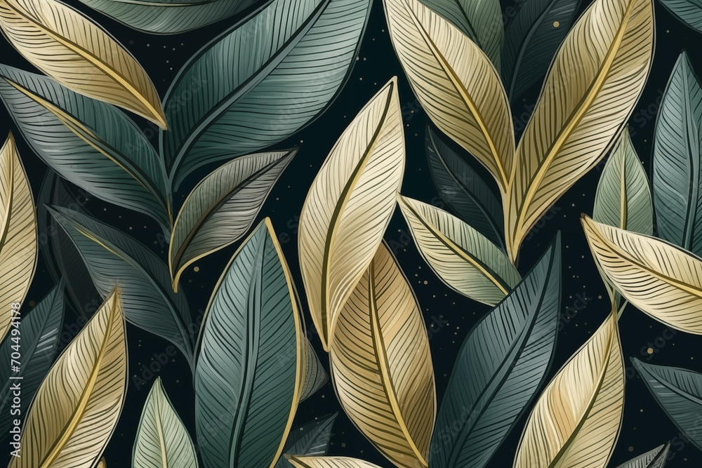 Botanical abstract green wallpaper with golden leaves pattern in line ...