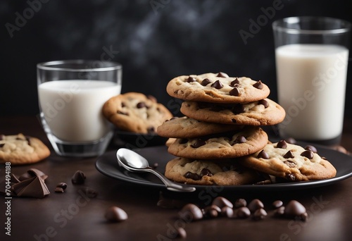 Stack of chocolate chip cookies and glass of milk on the table on dark background with copy space