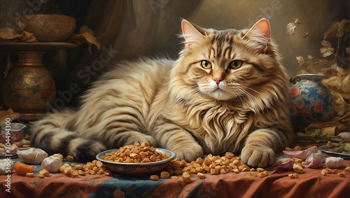 Picturesque still life with fluffy well-groomed cat, cat food and antique dishes