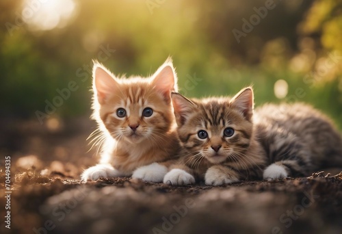 Tabby kitten and red puppy lying together Banner with pets outdoors copy space