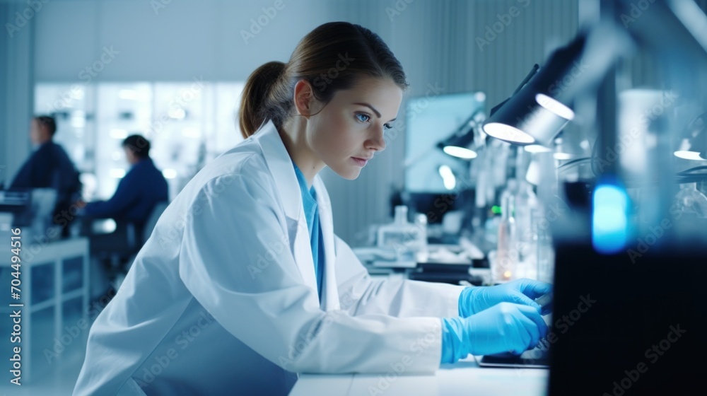 Female scientist working in laboratory. Scientist analyzing samples under microscope in modern lab