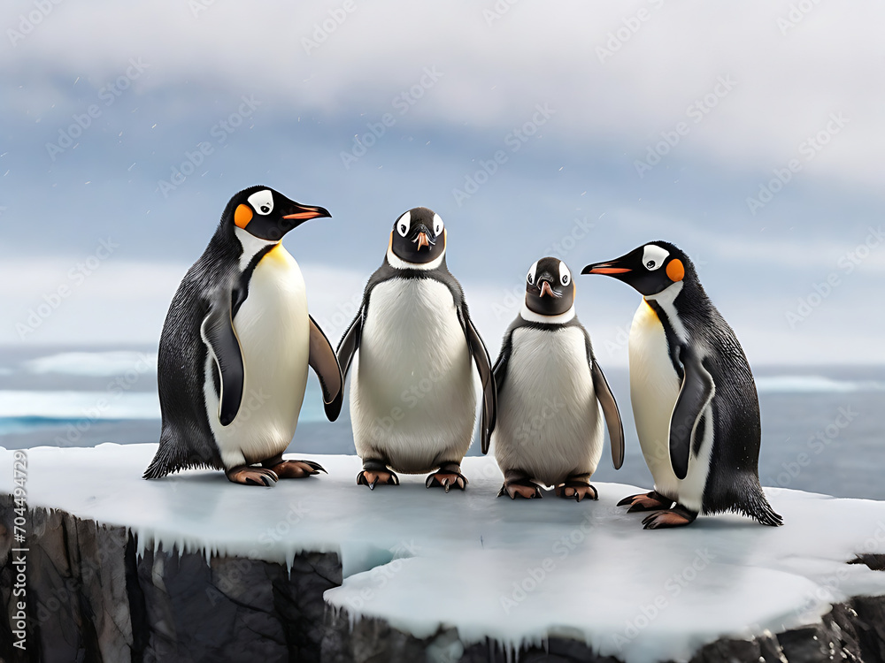 Obraz premium A family of penguins huddled together on an icy cliff overlooking the vast expanse of the Antarctic