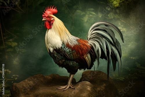 Majestic rooster on rock, green misty background © Sergio Lucci
