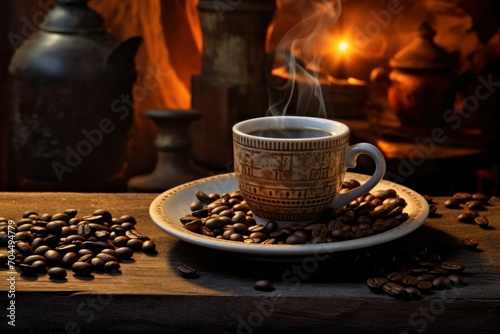 Steaming coffee cup with beans in warm cozy light
