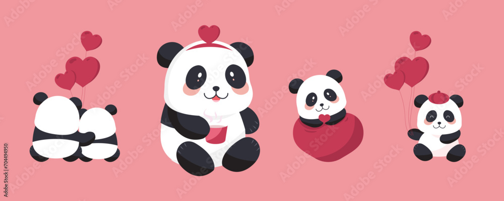cute panda object set with heart for valentine's day.illustration vector for postcard,icon,sticker