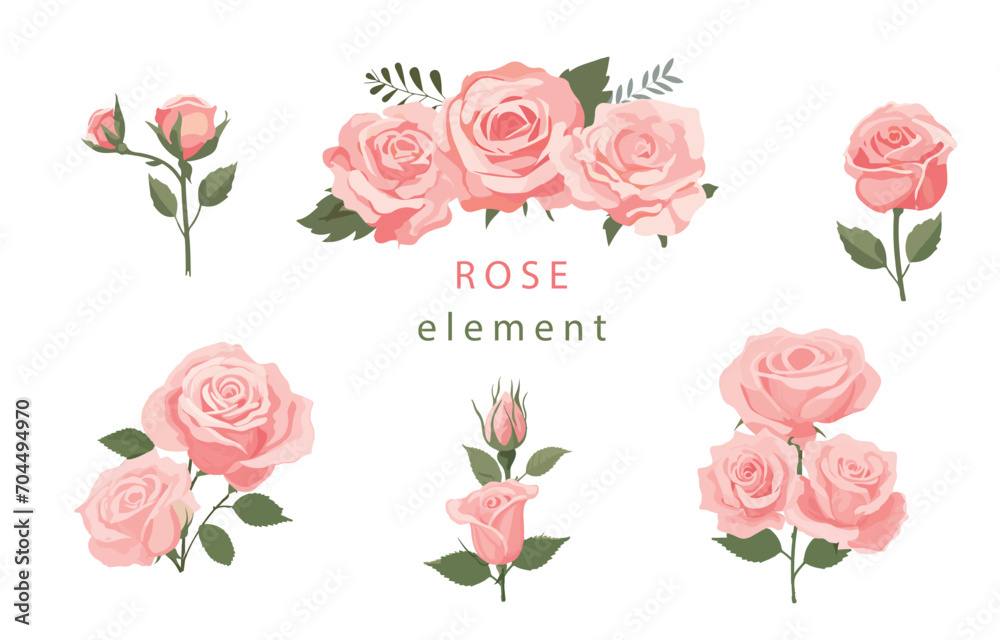 pink rose object element set with leaf.illustration vector for postcard,sticker - obrazy, fototapety, plakaty 