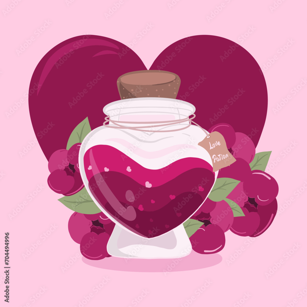 Heart potion. Heart shaped bottle with love potion. Valentine's day Heart potion. Heart shaped bottle with love potion. Valentine's day