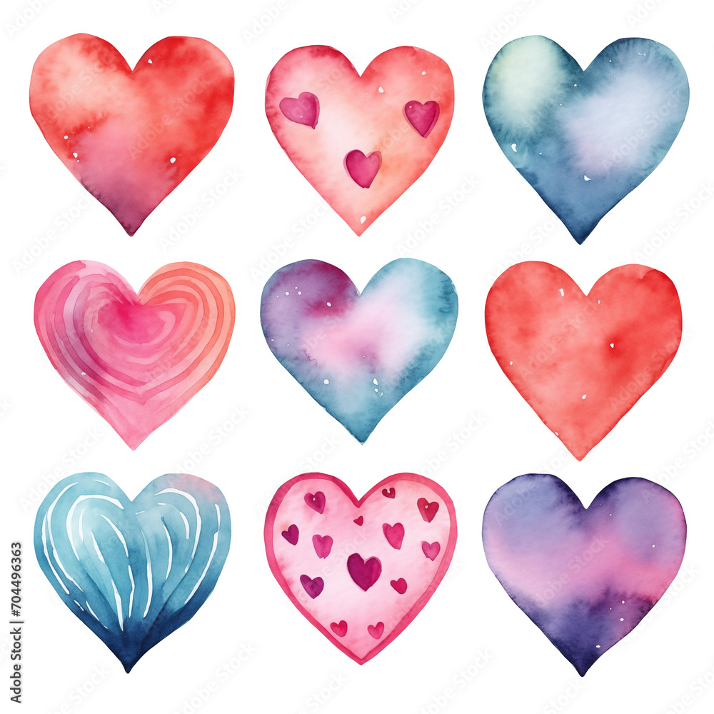 Valentine's day clipart set. Romantic waterolor hearts with vintage patterns. Isolated on transparent background. Generative AI.