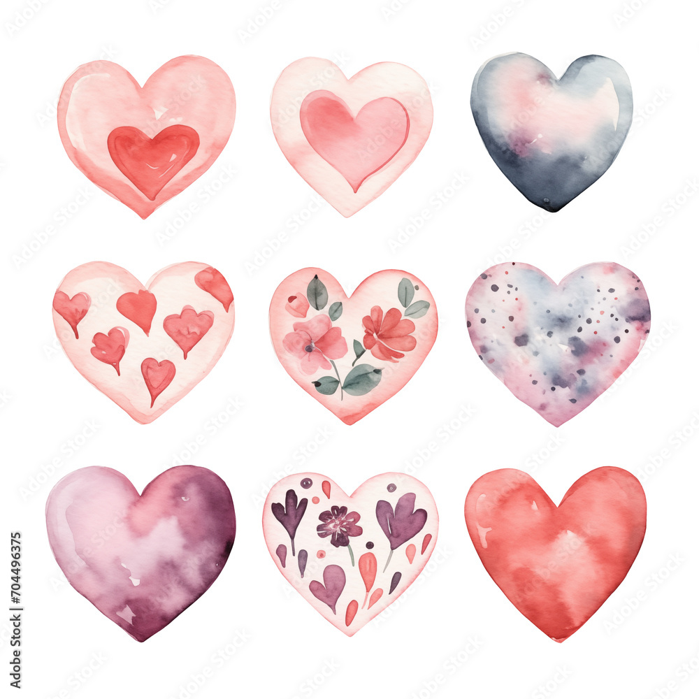 Valentine's day clipart set. Romantic waterolor hearts with vintage patterns. Isolated on transparent background. Generative AI.