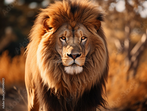 image of dangerous powerful lion with fluffy mane looking away in savanna 