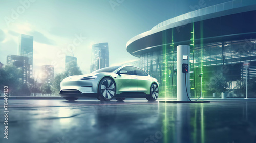 Innovative electric car connected to charging station with future architecture building background. Technological advancement rechargeable EV car using alternative clean and sustainable energy. 