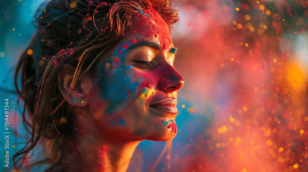 Beautiful woman covered in rainbow colored Holi powder
