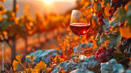 Banner with a glass of fresh chilled ice red or rose wine with grapes, on a sunny background. Vineyard of Italy at sunset. Drink for party, wine shop or wine tasting concept with copy