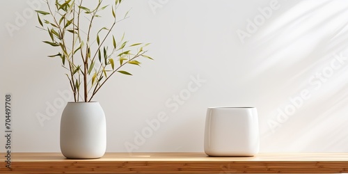 Modern living room interior with eucalyptus vase and bamboo jewelry box on wooden table against white wall. © Vusal