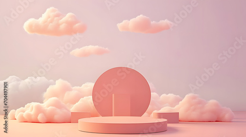 Peach Fuzz is color trend of the Year 2024 . 3d pink rendering with podium and minimal cloud scene, minimal product display background. Stage 3d render in cloud product platform © john