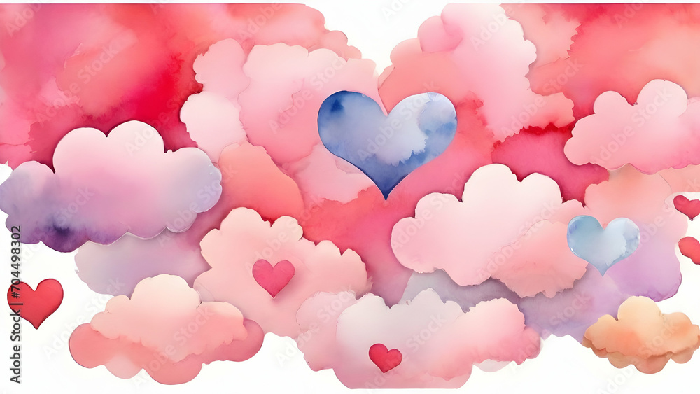 Colorful watercolor clouds and heart on the white background