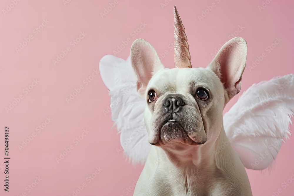 White french bull dog wants to be a unicorn, wears fake horn and fake wings, pastel pink background, close up