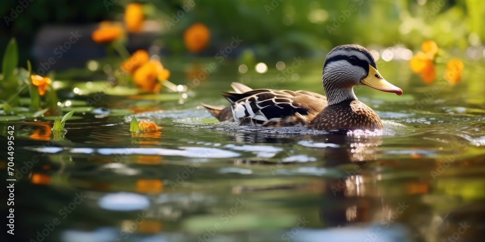 Fototapeta premium A beautiful duck quacks in the pond 