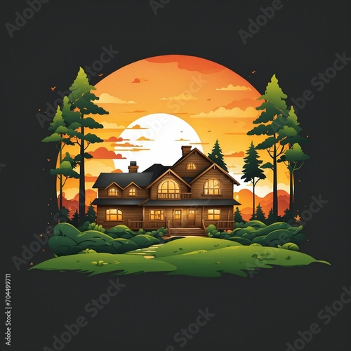 home with sunset in forest creative logo design premium vector illustration