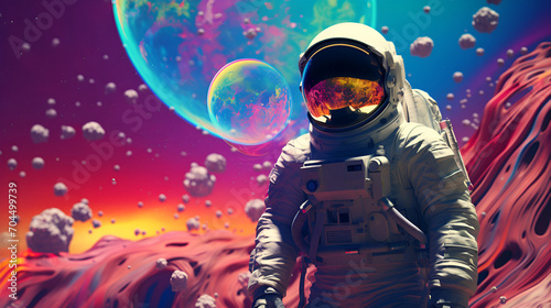A man wearing a spacesuit standing on an alien planet created with Generative AI technology