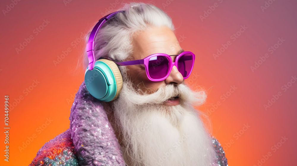 Photo of a funky grey bearded Santa Claus listening to Christmas music with headphones enjoying while wearing suspenders sunglasses and a pastel colored headwear on an isolated background 