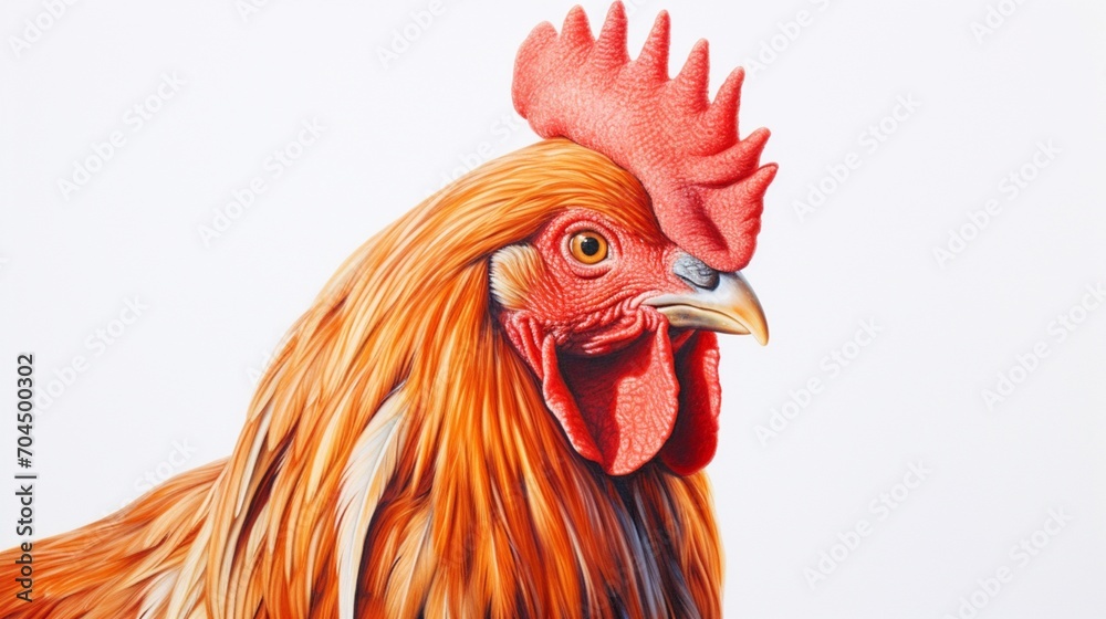 a rooster's gaze, its eyes reflecting determination and strength against a clean white canvas.