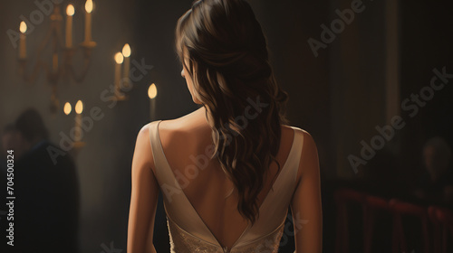 the graceful back of the bride in a white dress with a large cutout on the back, her face turned so that her profile is visible, luxurious hairstyle, she stands in a beautiful church alone