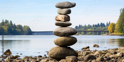 A Precisely positioned stack of river rocks, in the Willamette River,