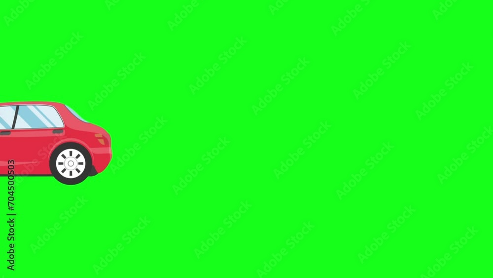 Running car animation on green background, flat cartoon graphic style