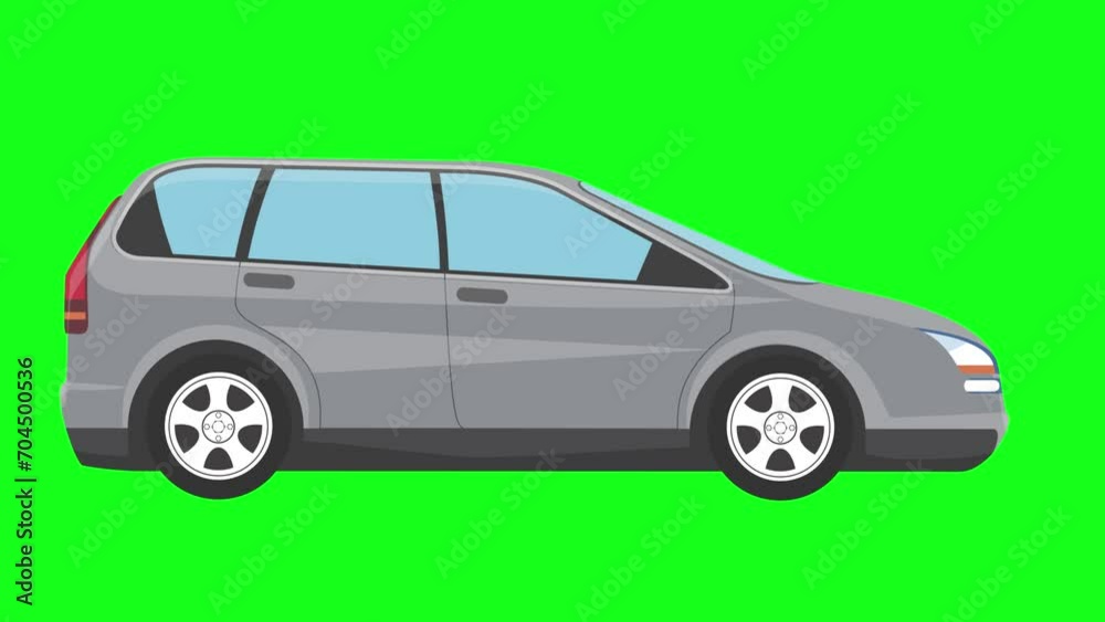 Running car animation on green background, flat cartoon graphic style Running car animation on green background, flat cartoon graphic style