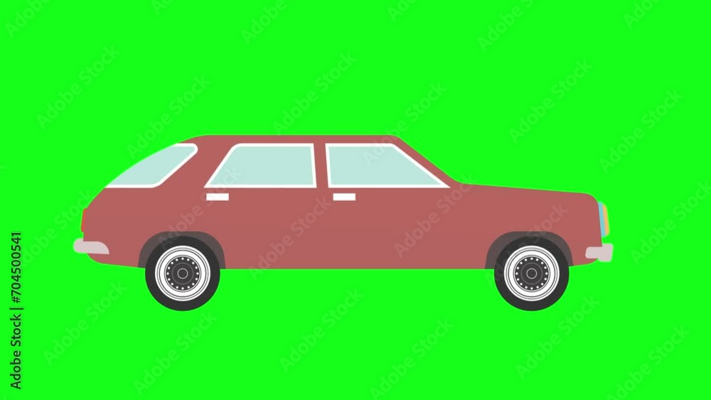 Running car animation on green background, flat cartoon graphic style Running car animation on green background, flat cartoon graphic style