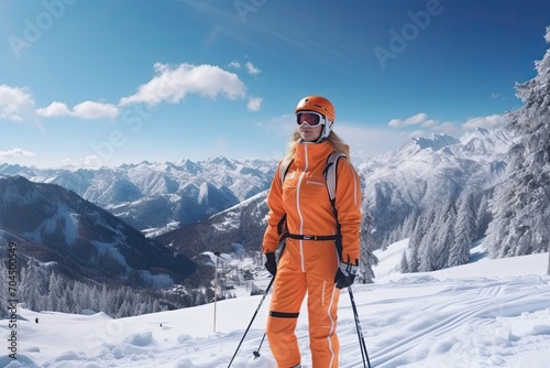 A woman with a smile in her 20s with an orange ski suit skiing in a ski resort 