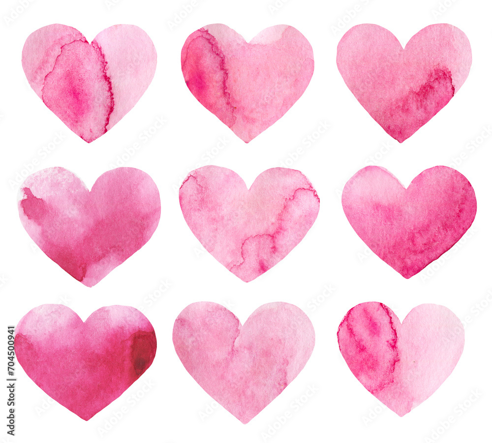 Set of hand drawn watercolor pink hearts isolated on transparent background