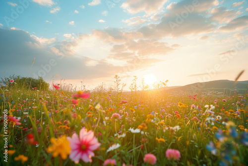 Serene Sunset in the Countryside: Blooming Wild Grass and Pastoral Scenery