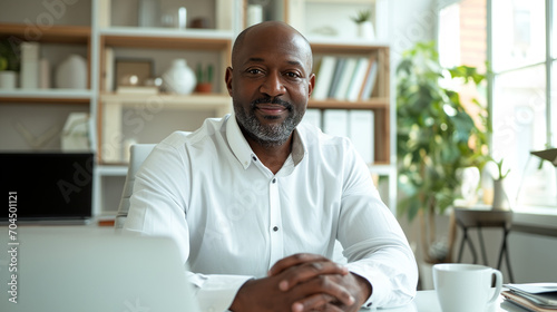 Happy Middle-Aged Black Businessman: CEO in White Shirts Working in Office
