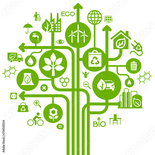 Ecology Infographics design elements. Template tree with eco icons. Climate strategy background