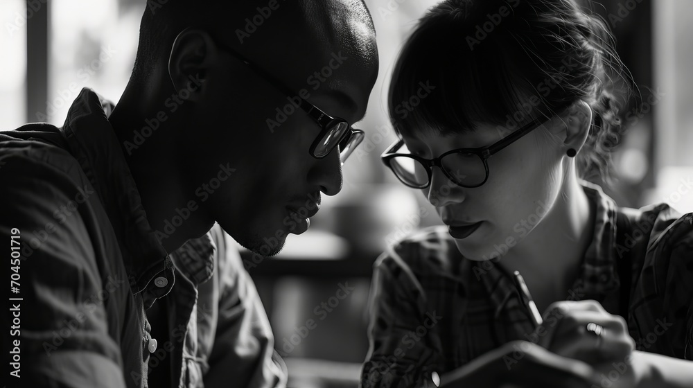 Two people writing and talking indoors in black and white
