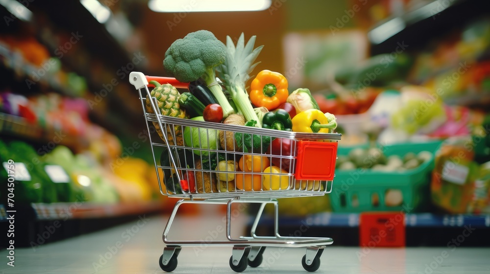 Full body of Shopping trolley full with vegetables and fruits in supermarket background