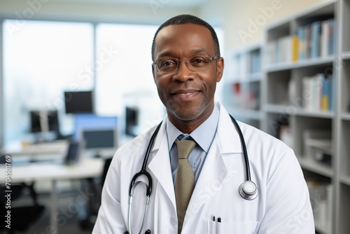 Friendly black male doctor with stethoscope in medical clinic