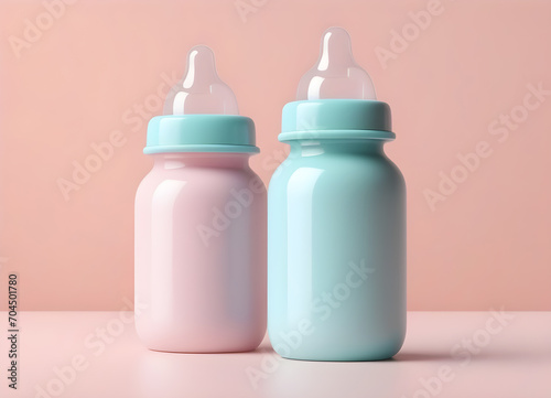 two pacifier baby bottles with milk on a minimalistic pastel blue background © Ocharonata