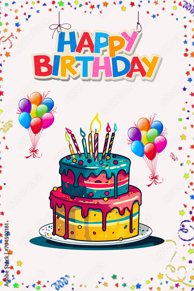 Birthday cake with candles. Greeting card, happy birthday poster.