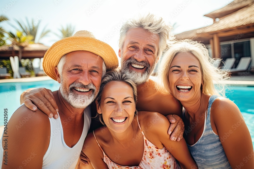 Portrait of happy group of family or friends, senior men and women, enjoying the sun in the swimming pool Portrait of happy group of family or friends, senior men and women, enjoying the sun in the swimming pool