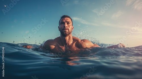 Professional swimmer in open water, sideview, male swimming freestyle showing his muscles, side view with arms above the water, hyper realistic 8k photography  © sambath