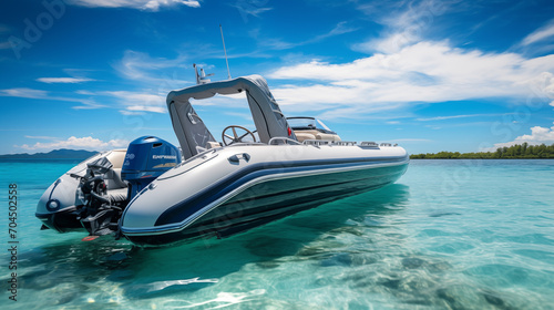 Luxury motor boat in clear waters of shallow ocean waters.