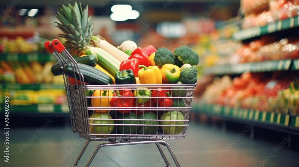 Shopping trolley full with vegetables and fruits in supermarket background, photography, cinematic still shot