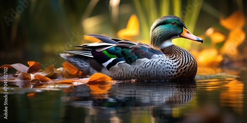 Realistic Wildlife: An exquisite photograph of a duck in its natural habitat, showcasing the intricate details of its feathers and the serene surroundings. Shot with a high-resolution DSLR camera. 