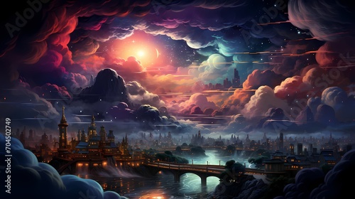 A top view of a vibrant rainbow spanning across a vibrant cityscape at night, with fluffy clouds and illuminated buildings, showcasing the dynamic and colorful nightlife.